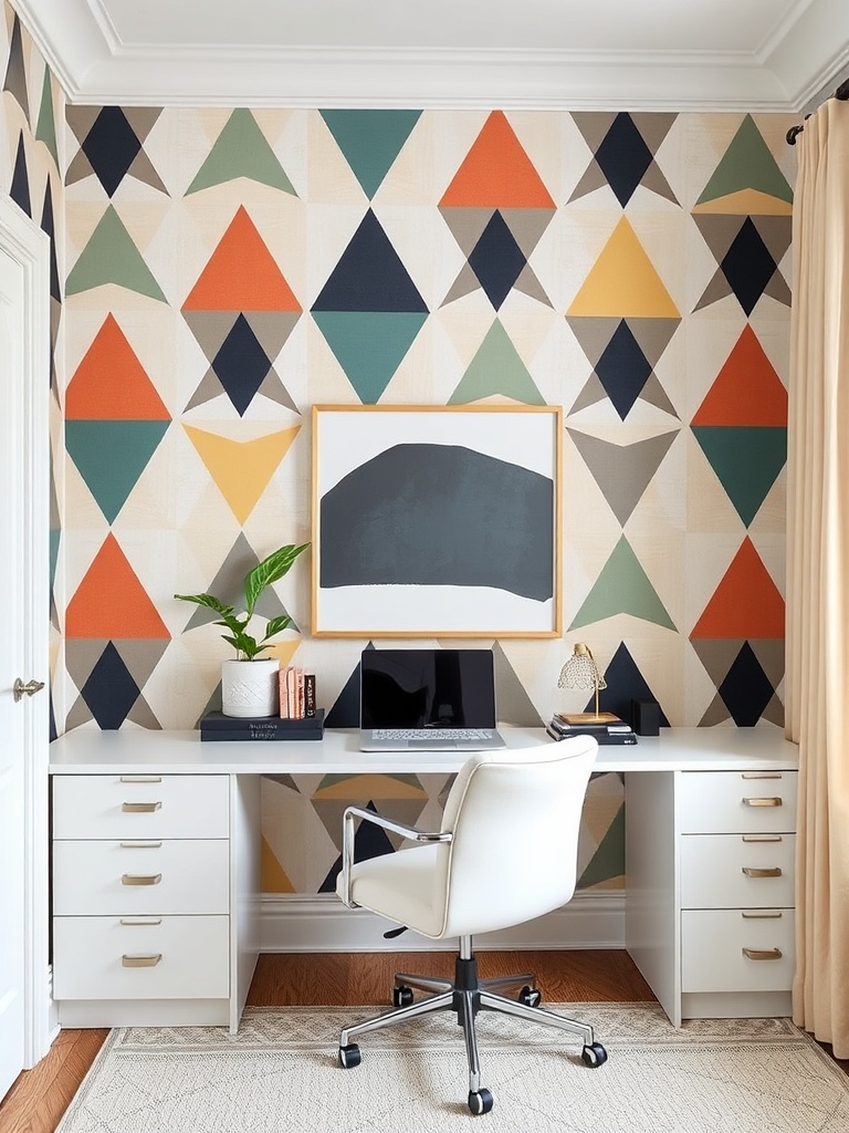 home office with geometric wallpaper