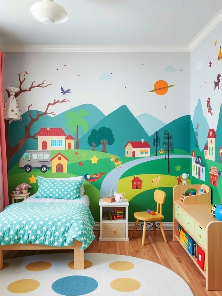 kids' room with mural wallpaper