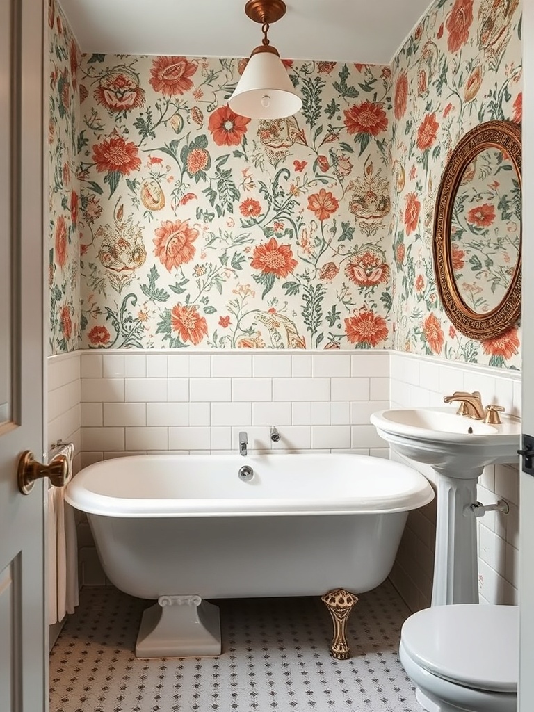 bathroom with vintage wallpaper