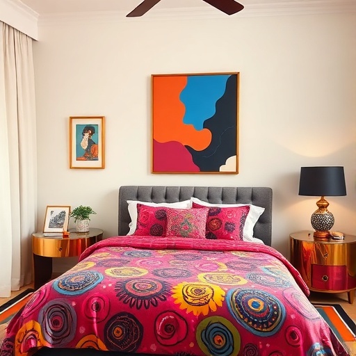 bedroom with bold art and colorful bedding