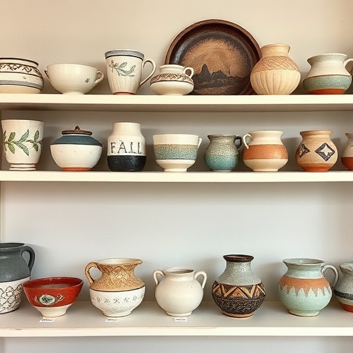 handmade pottery items on a shelf