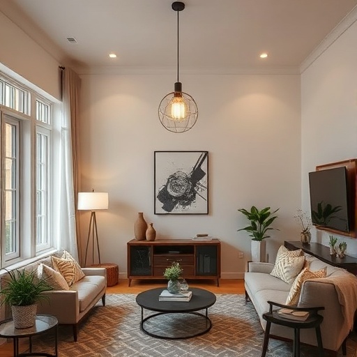 statement lighting fixture in small living room