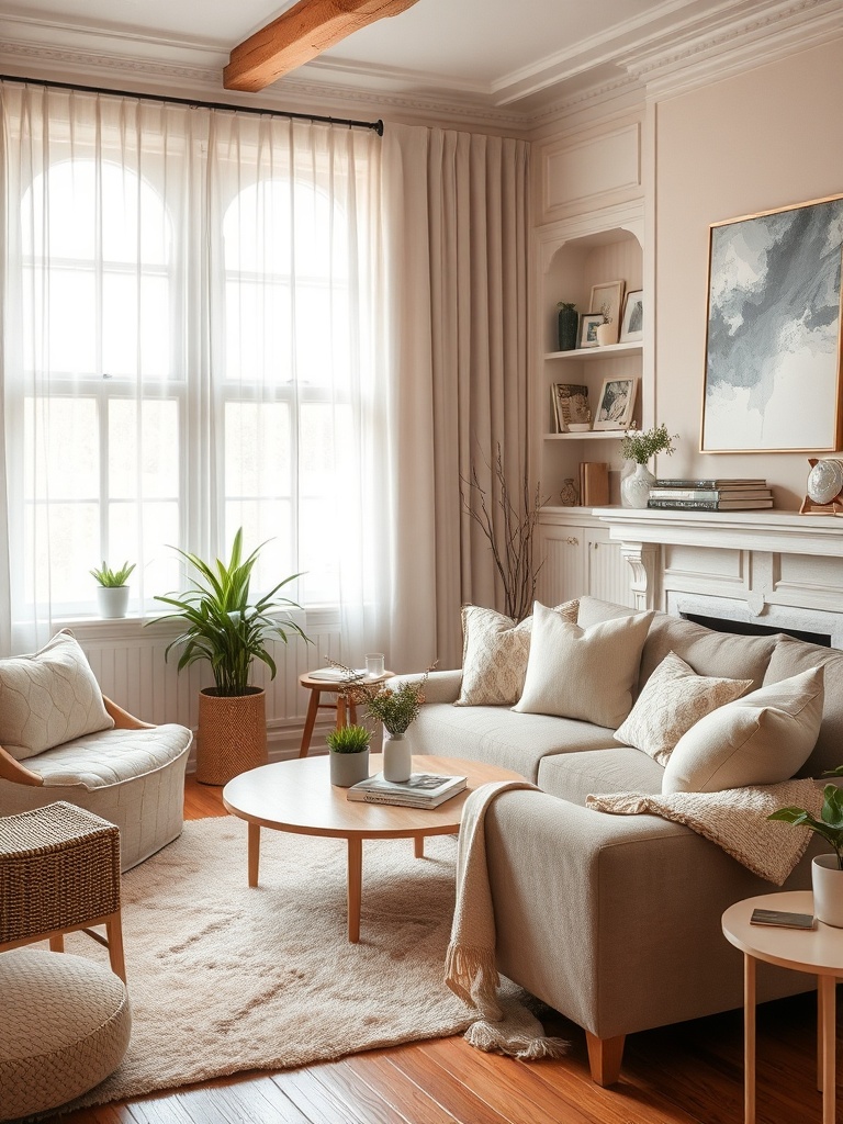 cozy feminine living room with pastel colors