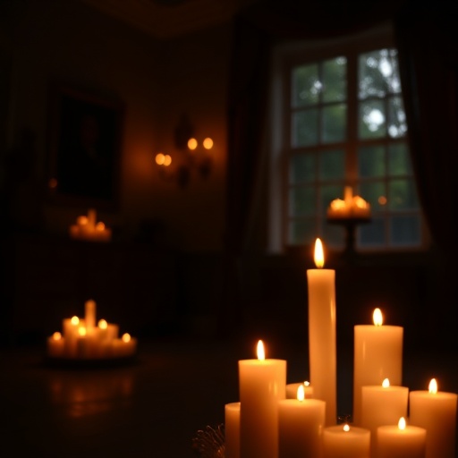 dimly lit room with candles
