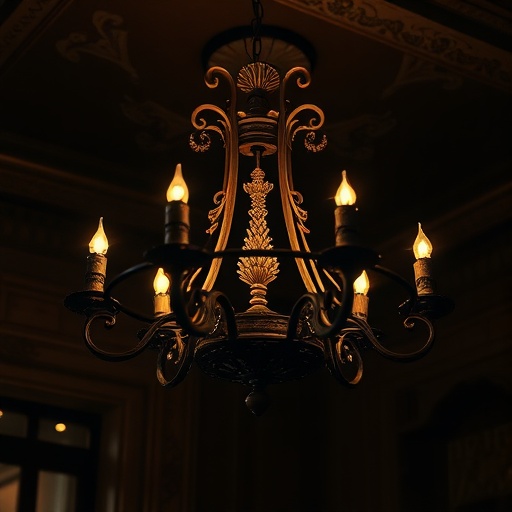 ornate rustic chandelier in a dim room