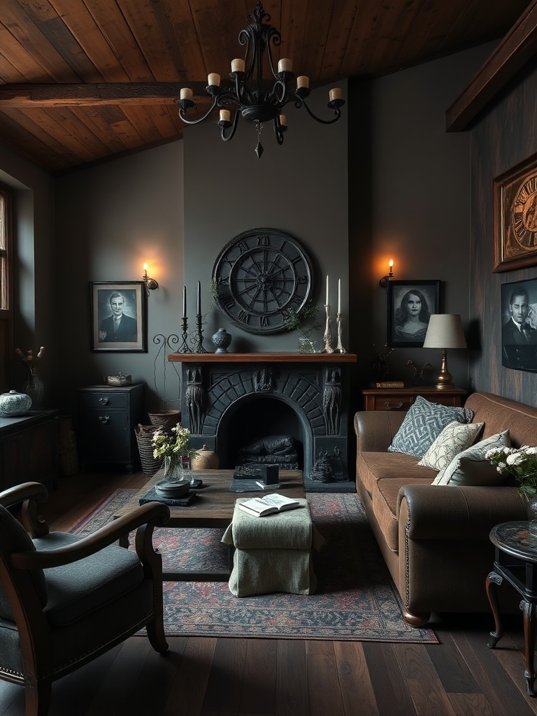 rustic gothic living room with dark tones