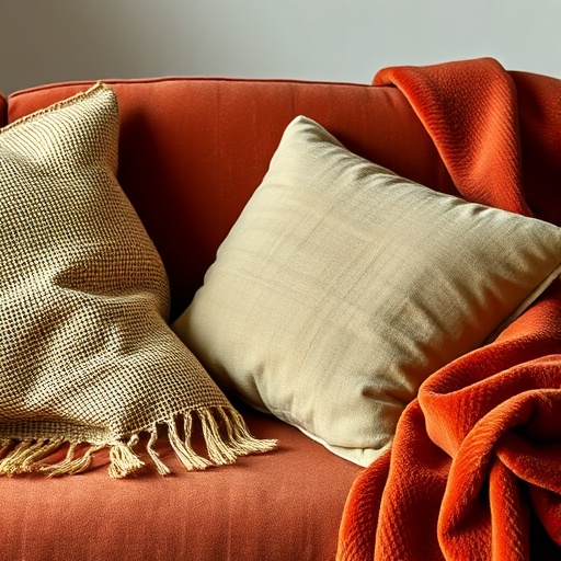 burlap and velvet textiles on a sofa