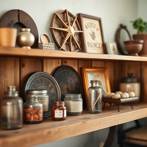 vintage decor items on a wooden shelf