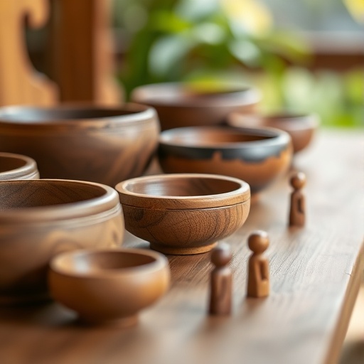 wooden bowls and figurines on a table