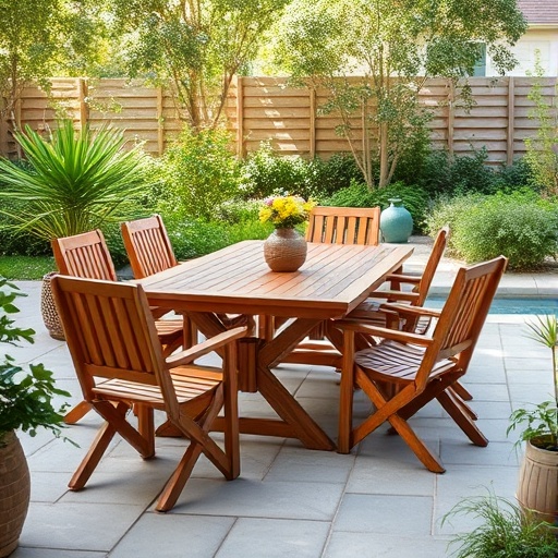 wooden outdoor dining set on a patio