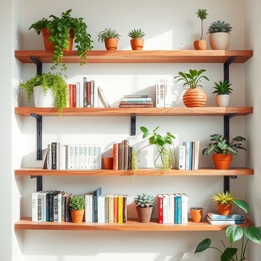 floating wooden shelves with books and plants