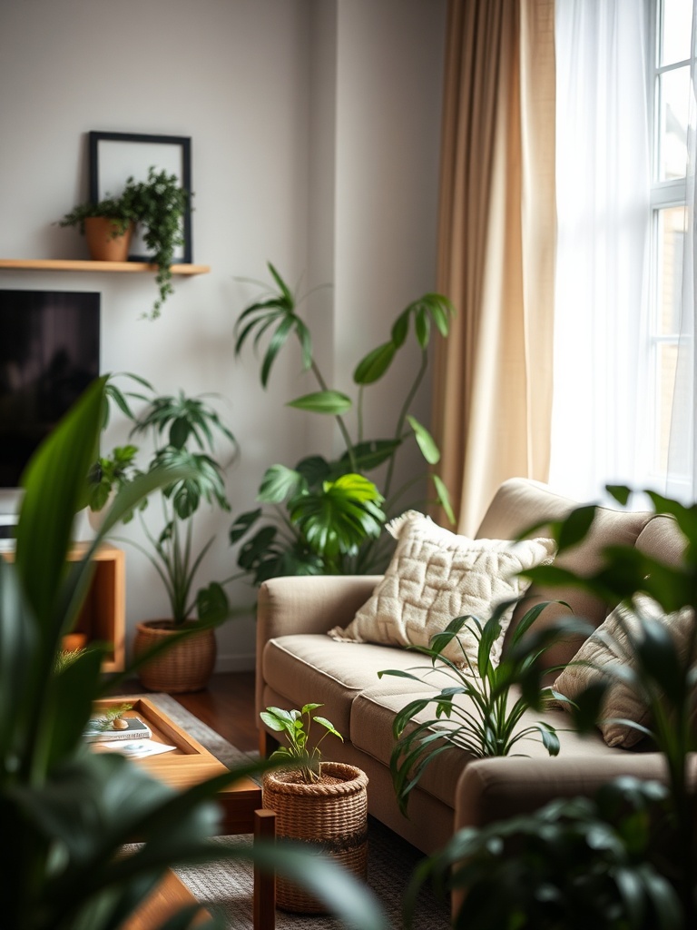 cozy living room with indoor plants