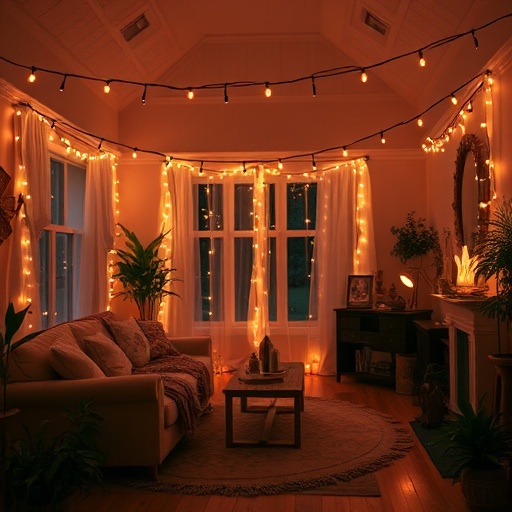 cozy room with string lights