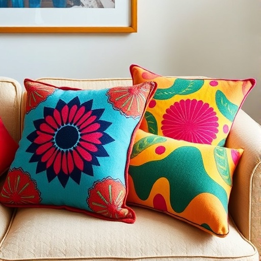 sofa with vibrant 70s patterned cushions