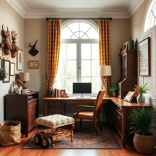 home office with hunting-themed decor
