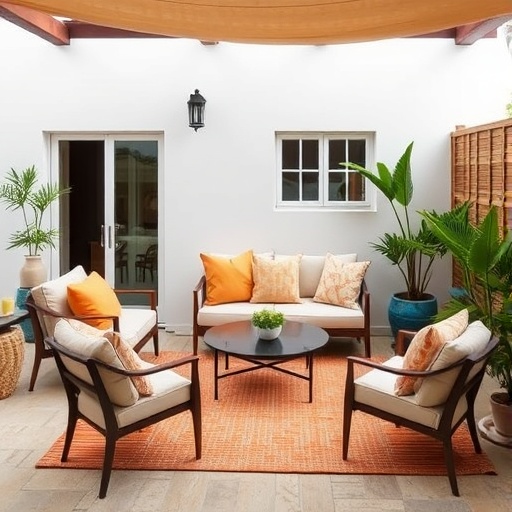 outdoor seating area with Hermes-inspired decor