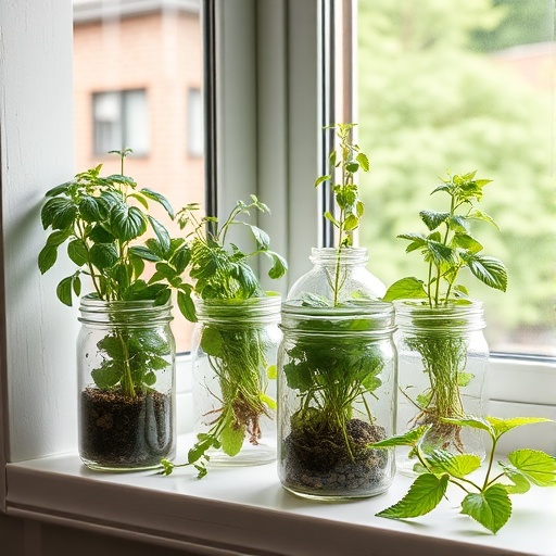 indoor herb garden in jars