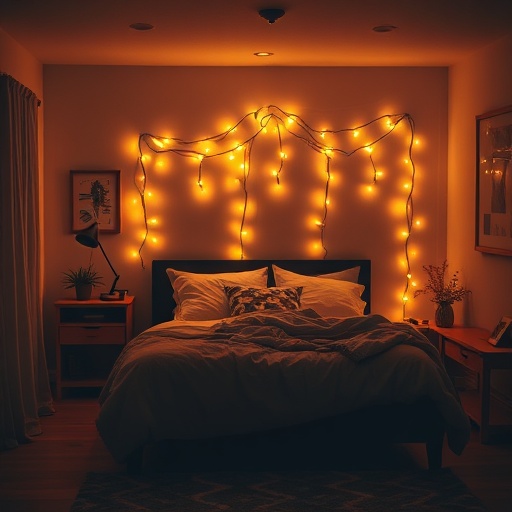 bedroom with warm string lights