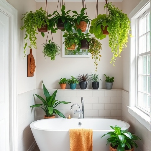 hanging plants in a bathroom