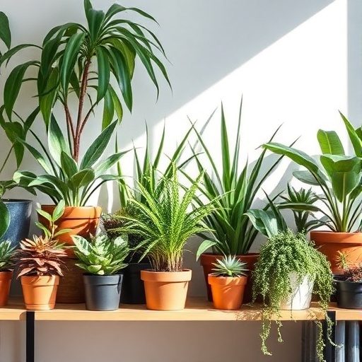 decorative indoor plant shelf with diverse plants