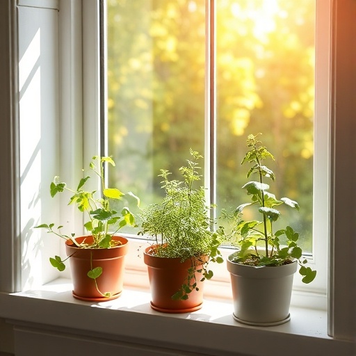 fresh herbs growing on a kitchen windowsill