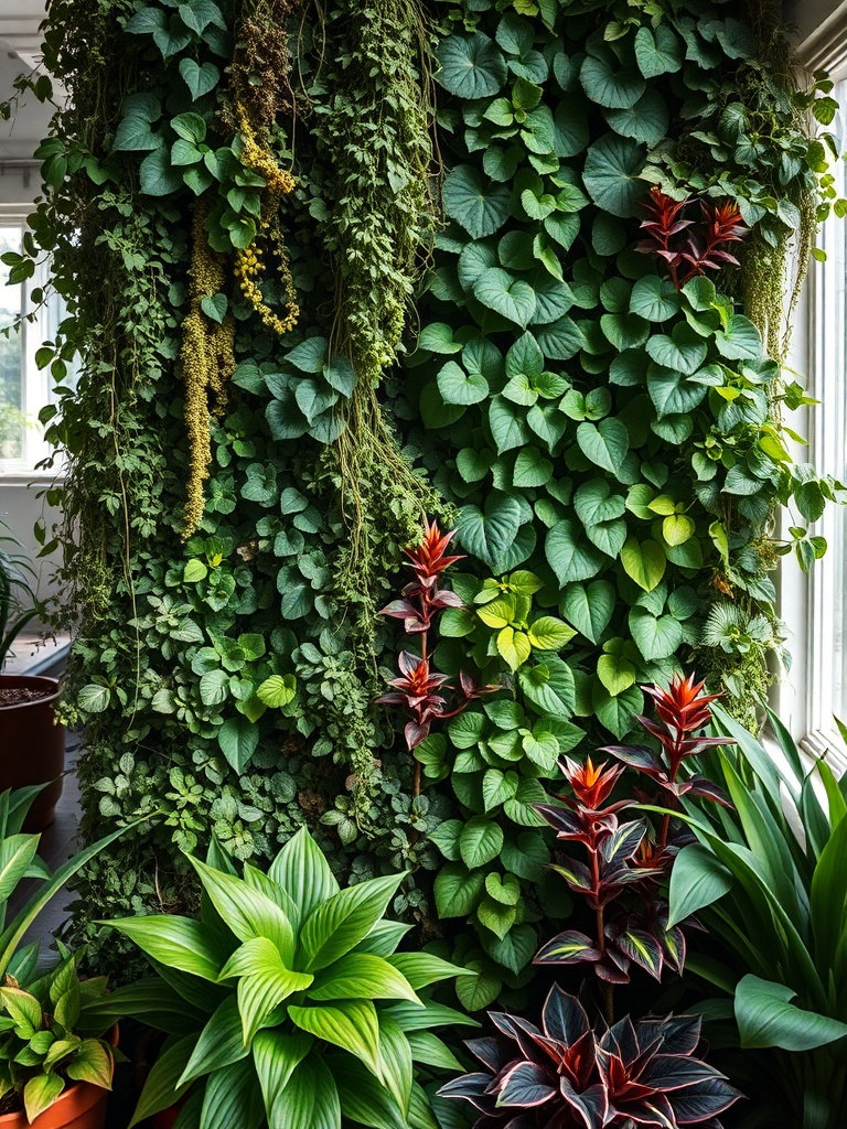 lush vertical garden with diverse plants