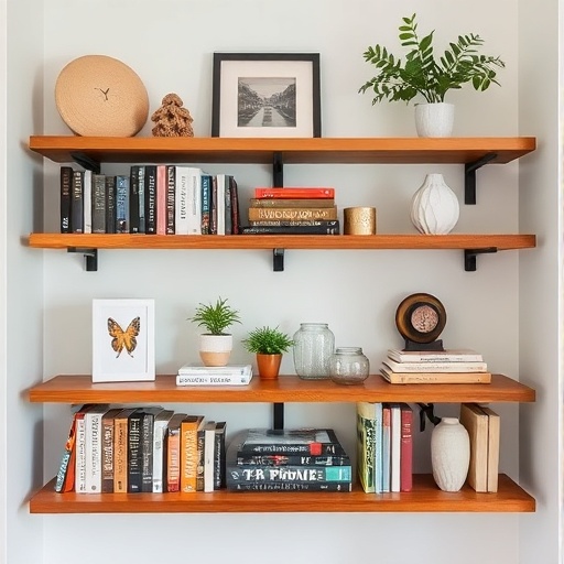 floating shelves in a small living area