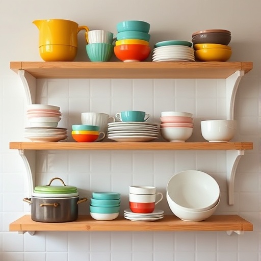 Ceramic dishware on kitchen shelves