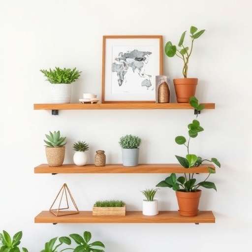 floating shelves with decor and plants