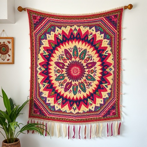 colorful tapestry on wall