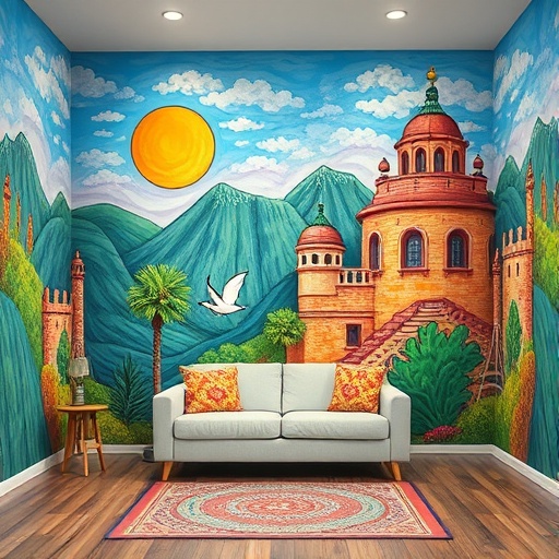 vibrant hand-painted wall mural