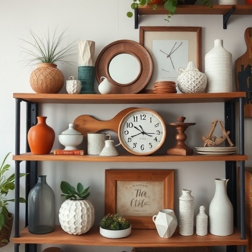 shelf arrangement of thrifted decor items