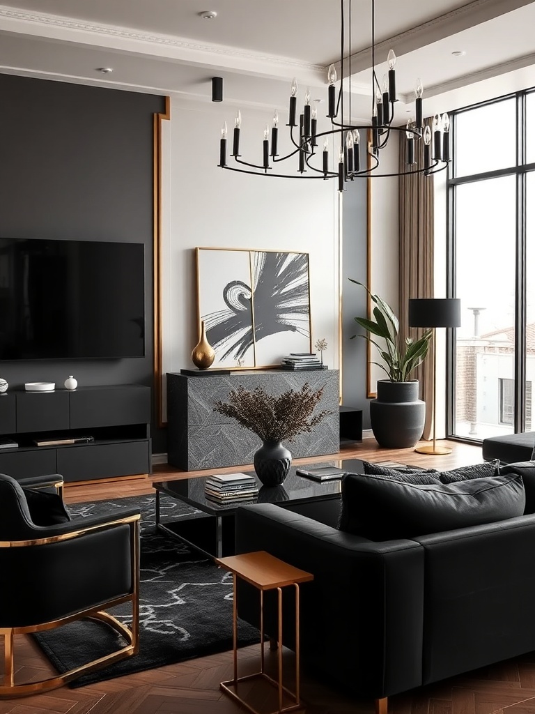 living room with black and gold decor