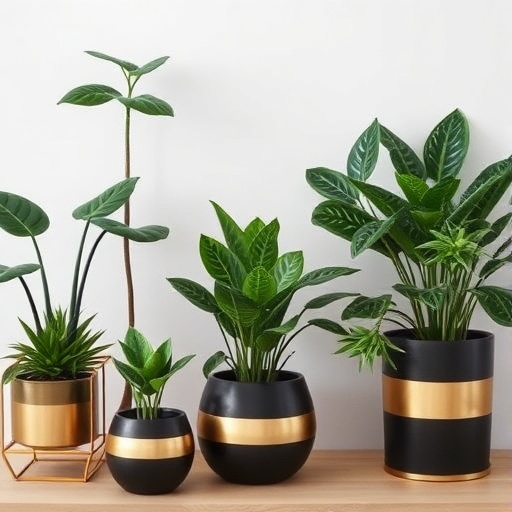 plants in black and gold pots