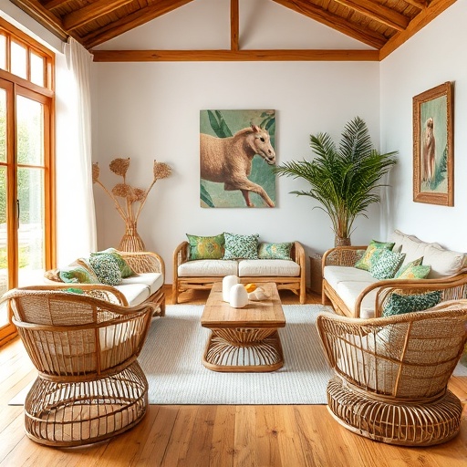 bamboo and rattan furniture in a living room