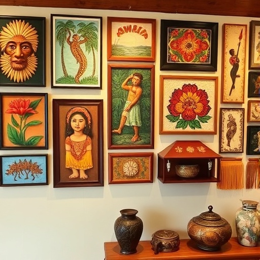 wall with Hawaiian artwork and crafts