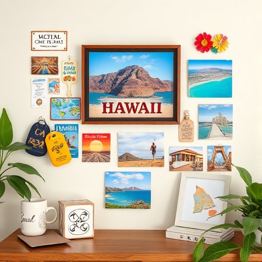 memory wall with Hawaiian souvenirs