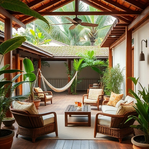 tropical outdoor space with hammocks