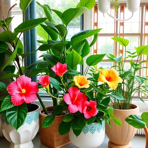 indoor garden with hibiscus and monstera plants