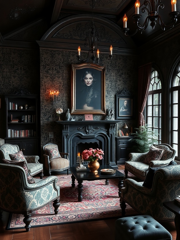Gothic living room decor with dark colors