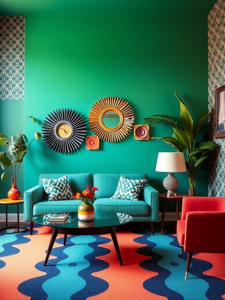 room with bold 60s colors and patterns