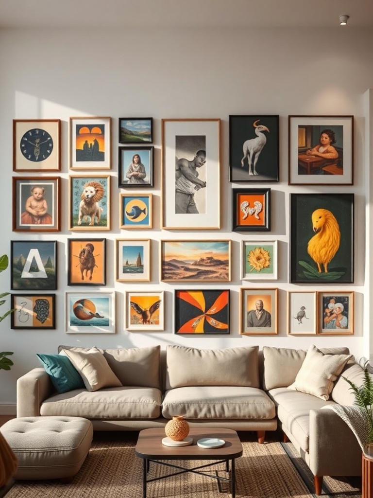 living room with a gallery wall of diverse art