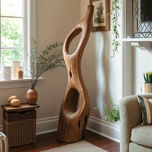 rustic wooden sculpture in a home