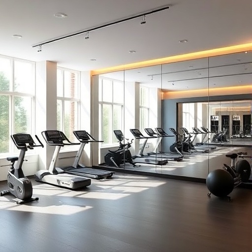 home gym with large mirrors