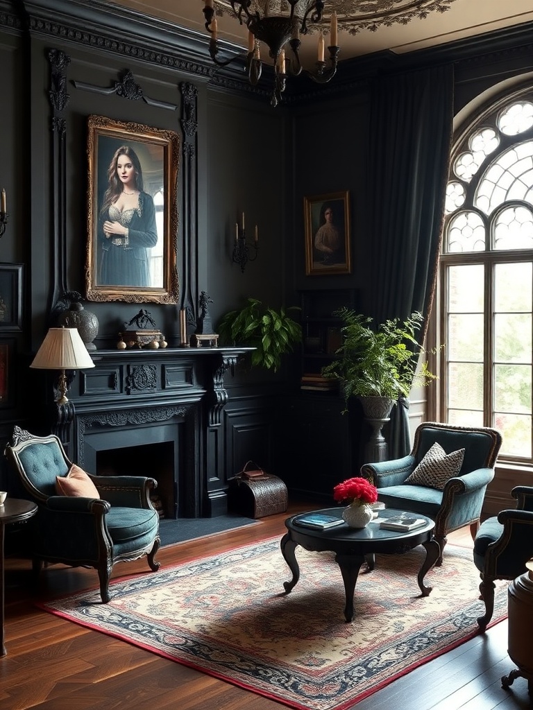 Victorian Gothic living room with dark decor