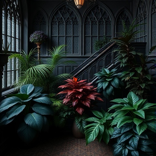 Dark foliage plants in Victorian Gothic decor