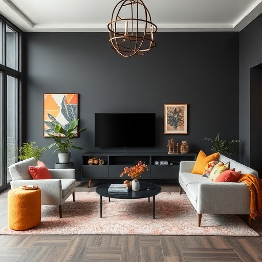 living space with charcoal gray decor