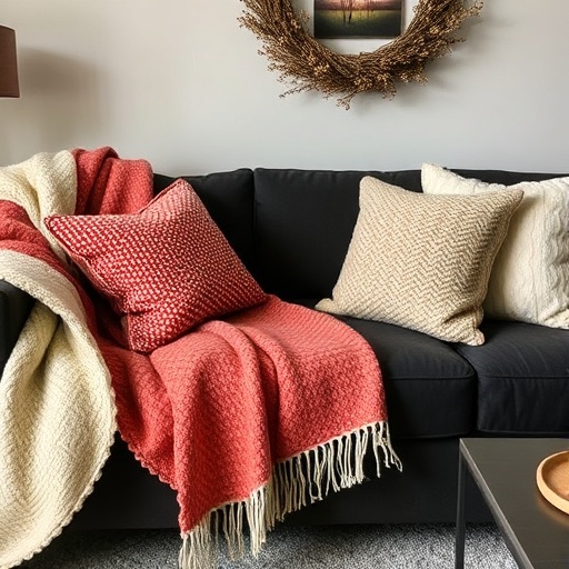 cozy throws and pillows on sofa