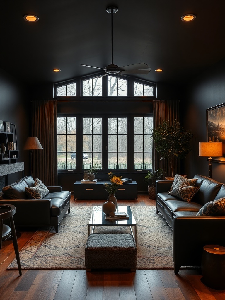 cozy living room with dark decor