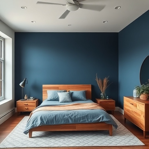 bedroom with deep blue walls